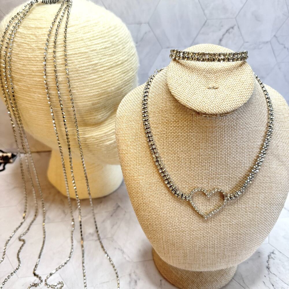 Rhinestone Jewelry Set Silver Tone Heart Necklace Stretch Bracelet Hair Chain